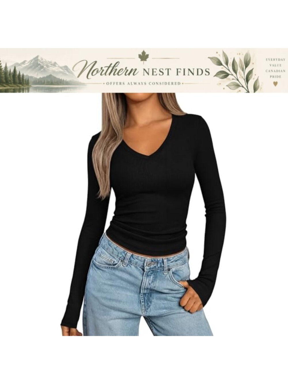 Womens Long Sleeve Ribbed V Neck Knit Shirt Slim Fit Fall Top